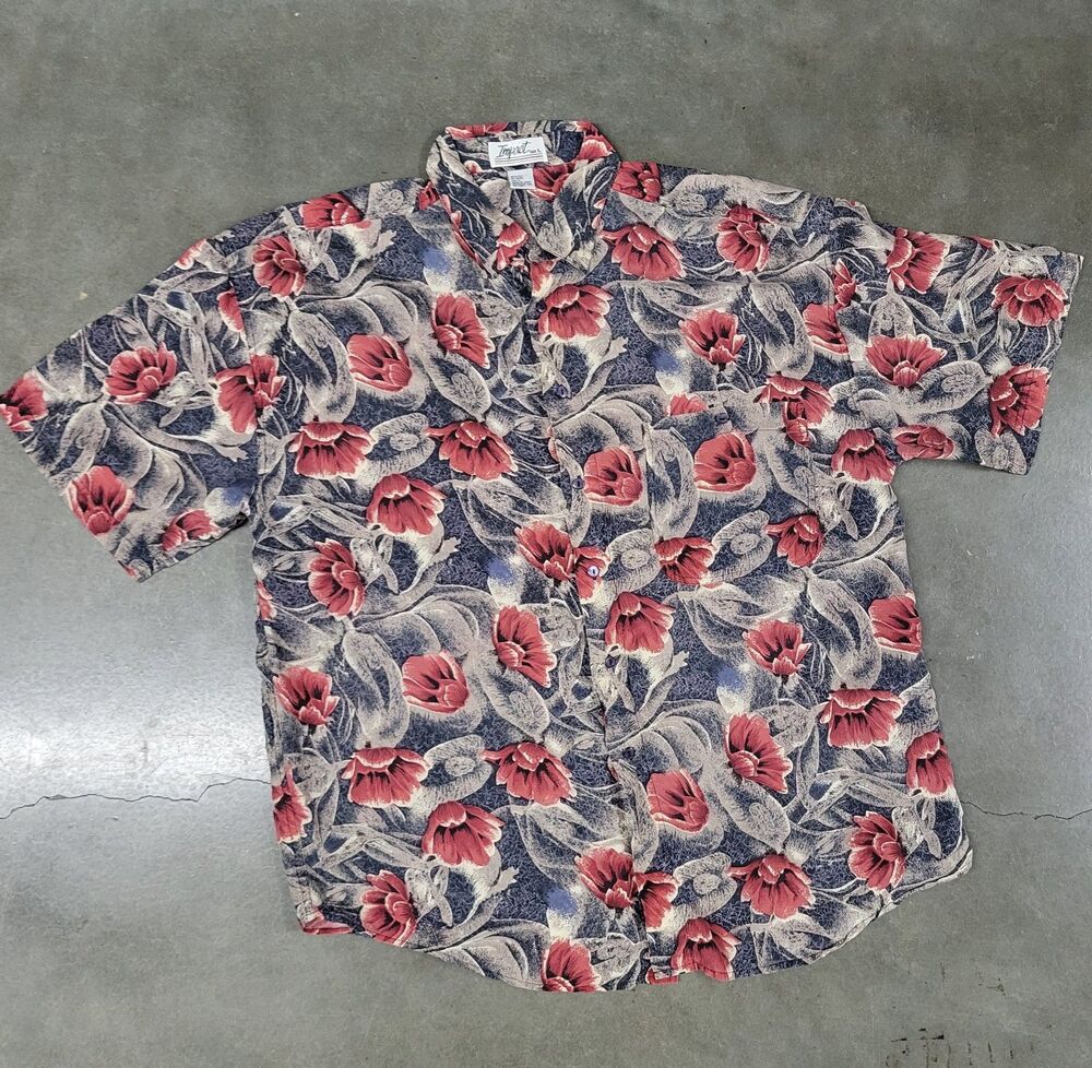 Impact Shirt Mens Large Tropical Floral Hawaiian 100% Silk Button Front
